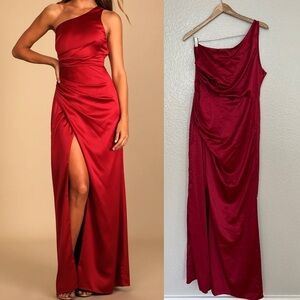 NWOT Dreaming of Elegance Wine Red Satin One-Shoulder Maxi Dress